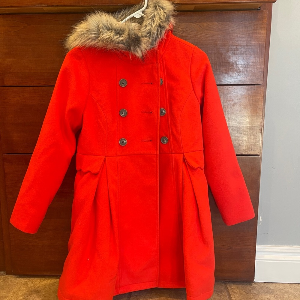 Cat & Jack Bright Red Pea Coat with Faux Fur Trim